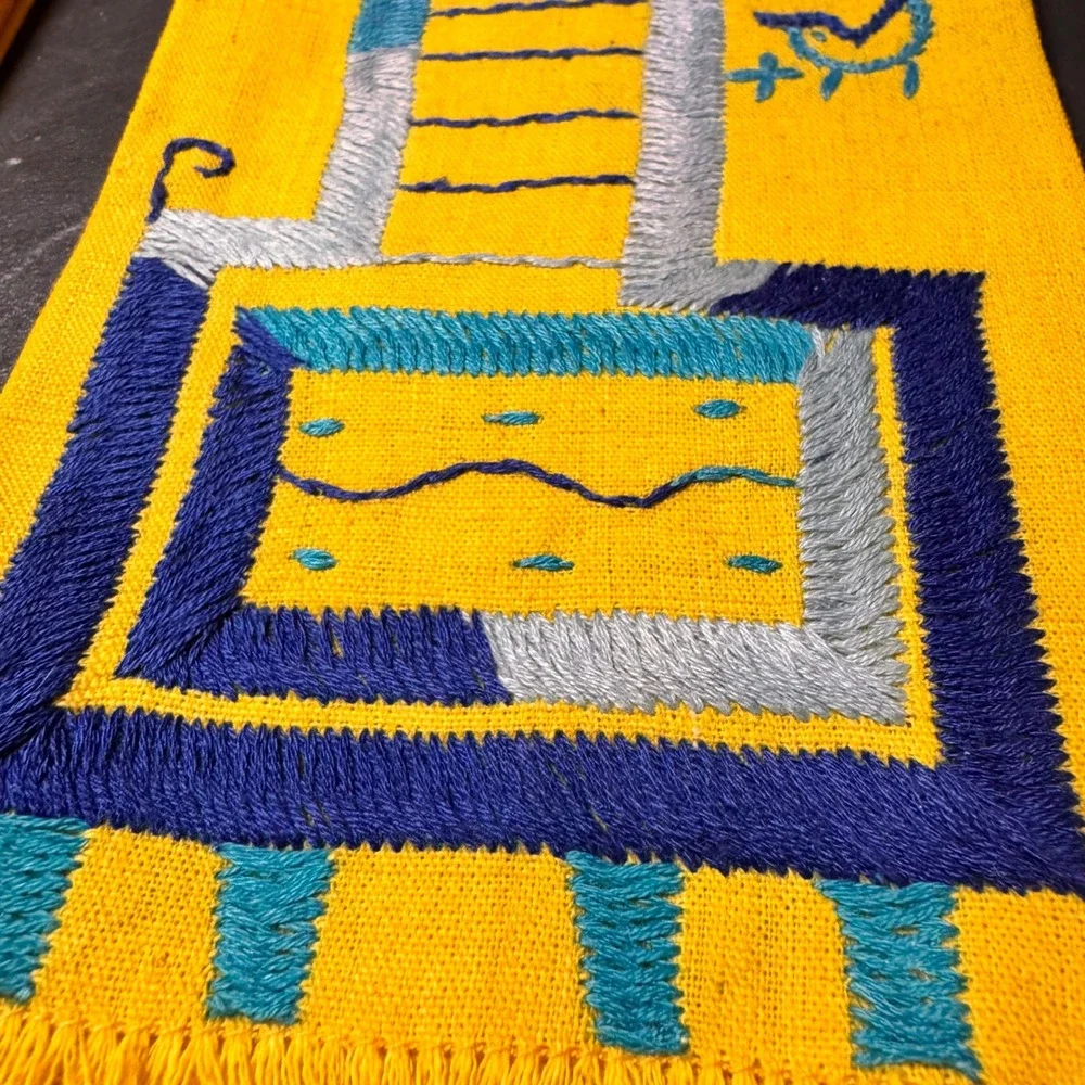 Hand Embroidered Puruvian Guatamalan Folk Art‎ Napkins Yellow Folkloric Set of 2